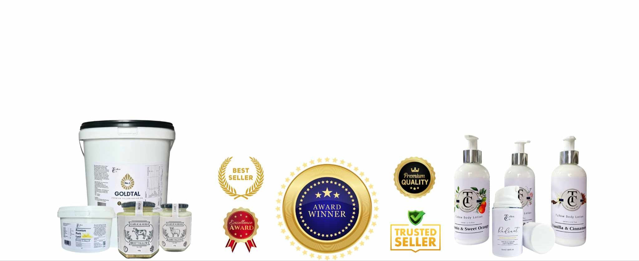 Assorted skincare products with certification badges on a white background