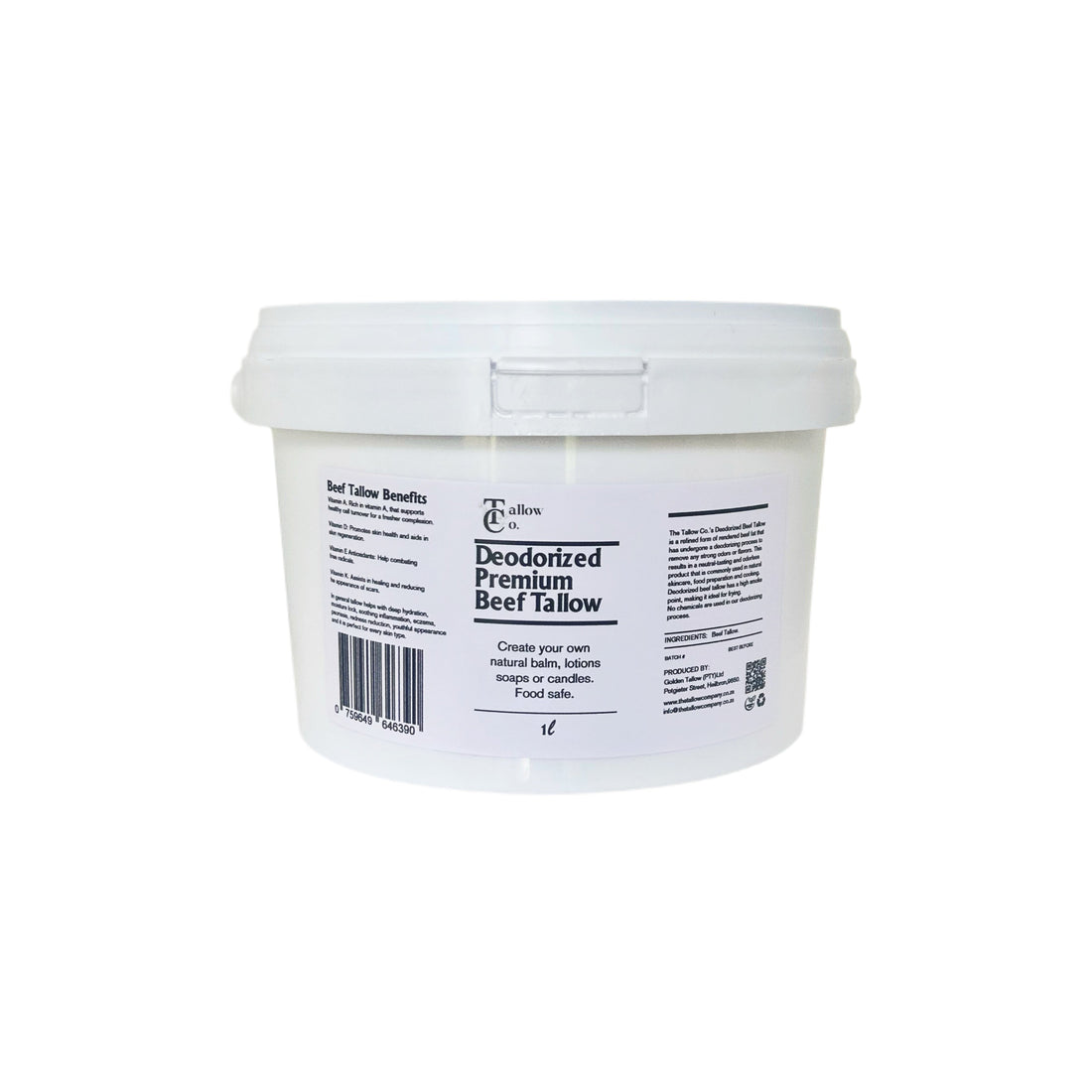 Deodorized skincare beef tallow in a 1L container from The Tallow Co.