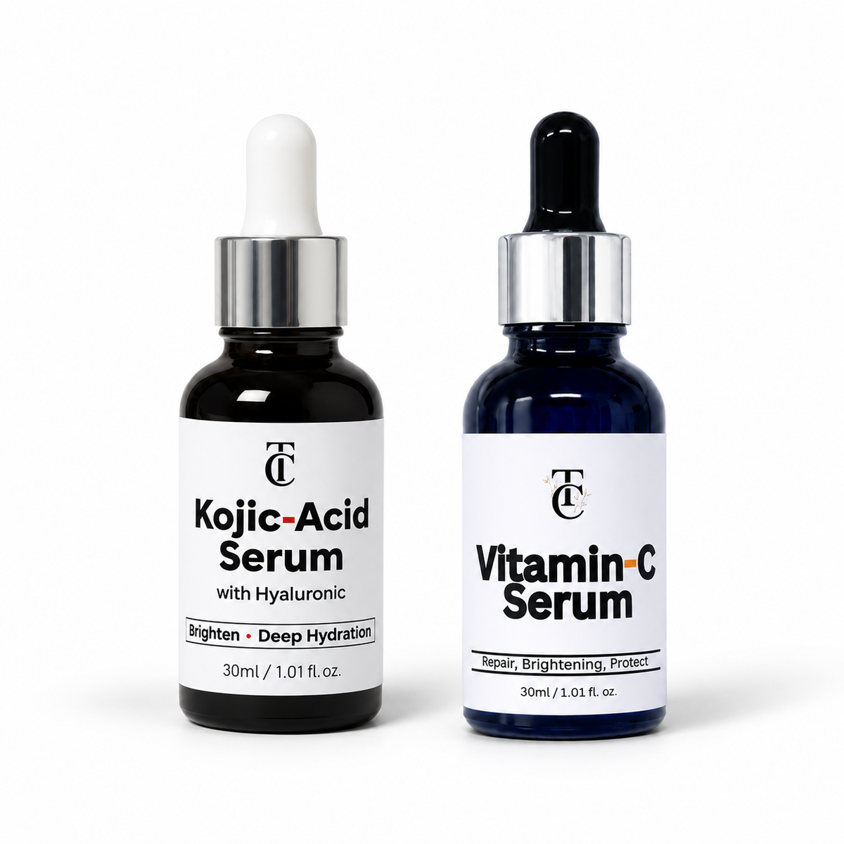 Two The Tallow Co. facial serum bottles side by side: Kojic Acid with Hyaluronic and Vitamin C, on a white background.