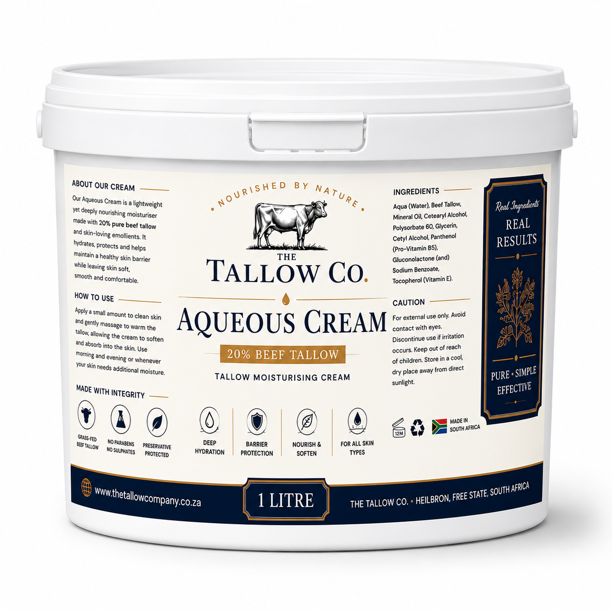 A 1 litre white plastic tub of The Tallow Co. Aqueous Cream 20% Beef Tallow moisturising cream, featuring a detailed cream-colored label with black and gold text and a cow logo.