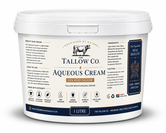 A 1 litre plastic tub of The Tallow Co. Aqueous Cream 20% Beef Tallow moisturising cream, shown on a clean white background.