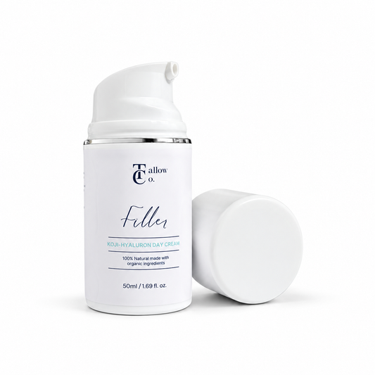 The Tallow Co. Filler Koji-Hyaluron Day Cream in a 50 ml white pump bottle with its cap beside it on a white background.
