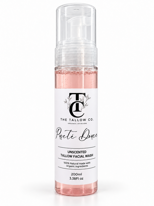 The Tallow Co. Pureté Douce unscented tallow facial wash, 200 ml, in a clear foaming pump bottle with pink liquid.
