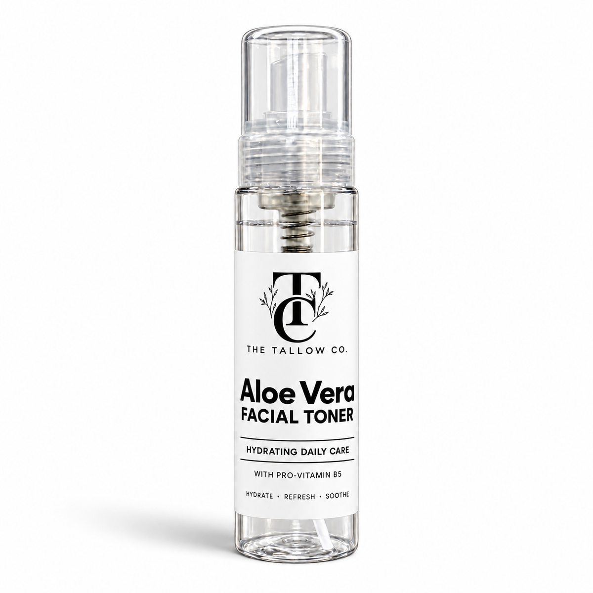 The Tallow Co. Aloe Vera Facial Toner with Pro-Vitamin B5 in a clear pump bottle on a white background.