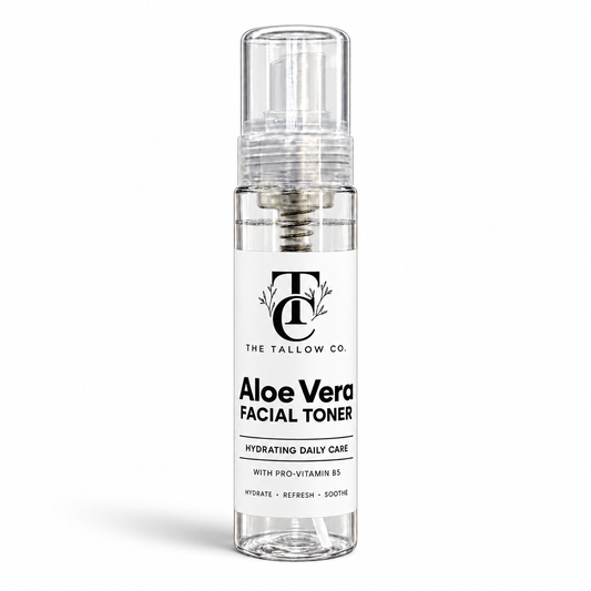 The Tallow Co. Aloe Vera Facial Toner with Pro-Vitamin B5 in a clear pump bottle on a white background.