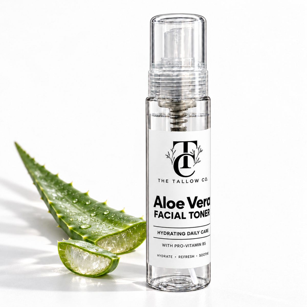 The Tallow Co. Aloe Vera Facial Toner with Pro-Vitamin B5 in a clear pump bottle beside fresh cut aloe leaves on a white background.