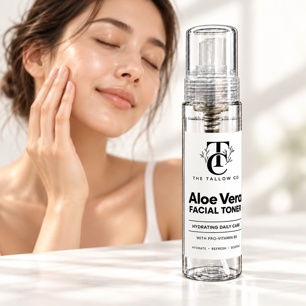     The Tallow Co. Aloe Vera Facial Toner with Pro-Vitamin B5, with a woman gently touching her cheek in the background.