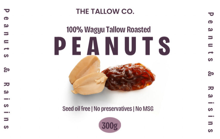 Peanuts and raisins with 'The Tallow Co.' branding on a white background