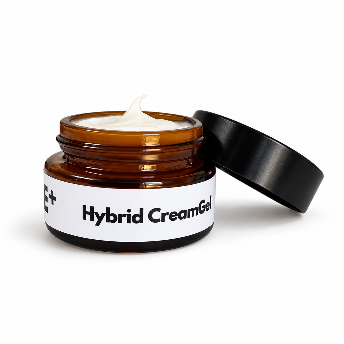 The Tallow Co. open amber glass jar of Hybrid CreamGel with a black lid leaning against it, showing a swirl of white cream inside. The jar has a white label with black text.