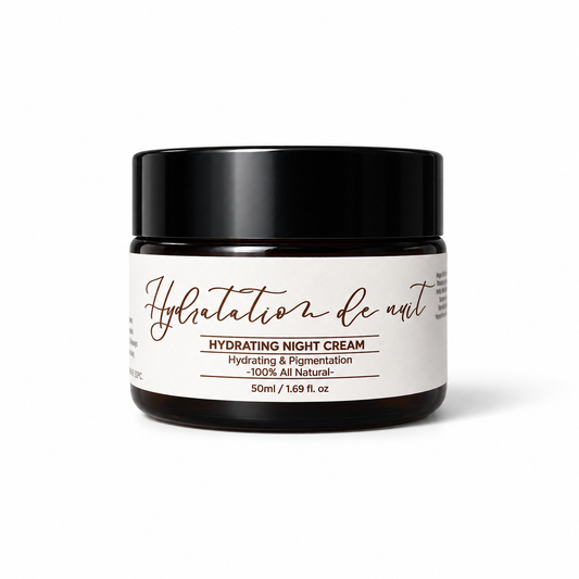 The Tallow Co. Hydratation de nuit Hydrating Night Cream in a 50 ml amber glass jar with a black lid, on a white background with a soft shadow.